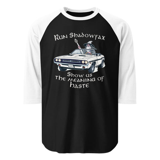Make Haste! 3/4 sleeve raglan t-shirt with original hand-drawn fantasy wizard art by Brittyliz, shown flat