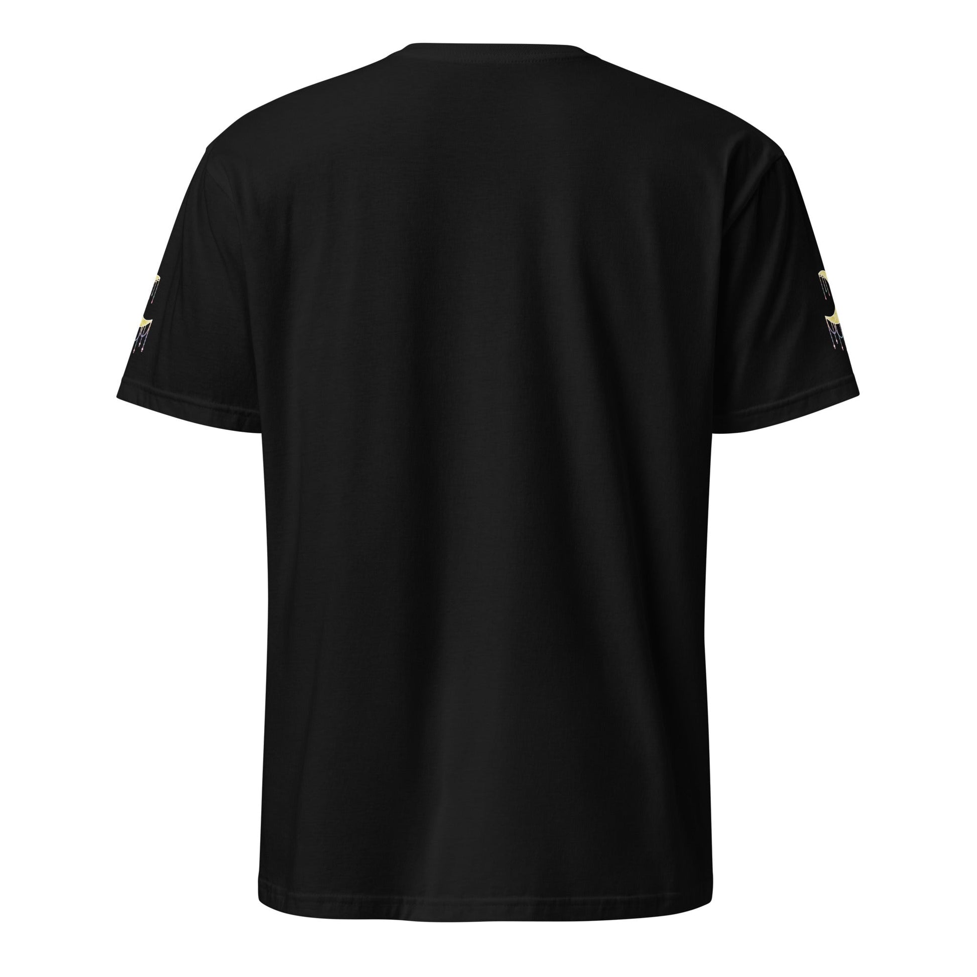Black t-shirt with crescent moons on the sleeves against a white background