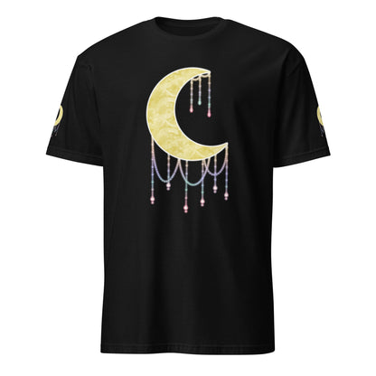 A black short-sleeve crewneck t-shirt featuring a large gold crescent moon graphic on the chest with dangling pink and blue bead-like chains, and small gold moon graphics on both sleeves, shown against a plain white background.