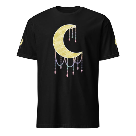 A black short-sleeve crewneck t-shirt featuring a large gold crescent moon graphic on the chest with dangling pink and blue bead-like chains, and small gold moon graphics on both sleeves, shown against a plain white background.