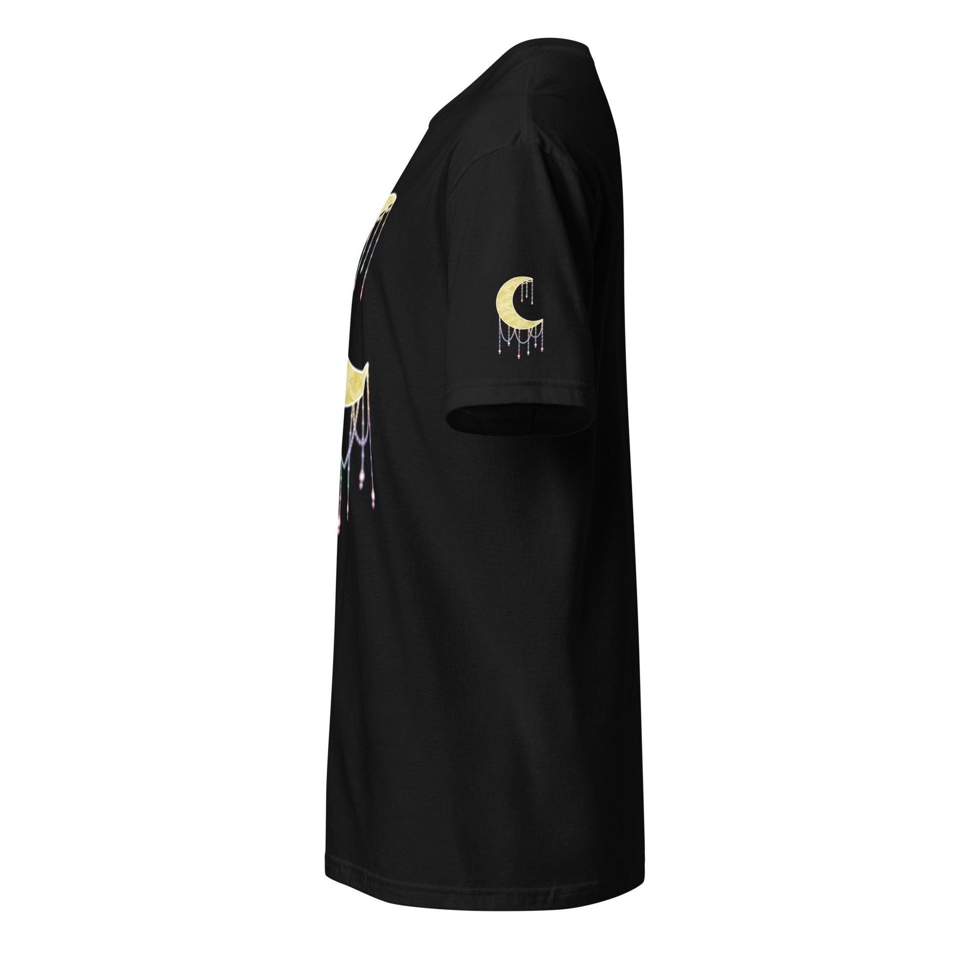 A black short-sleeve t-shirt shown from a side profile view, featuring a gold crescent moon graphic with a dripping beads effect on the right sleeve and a matching graphic on the left side.