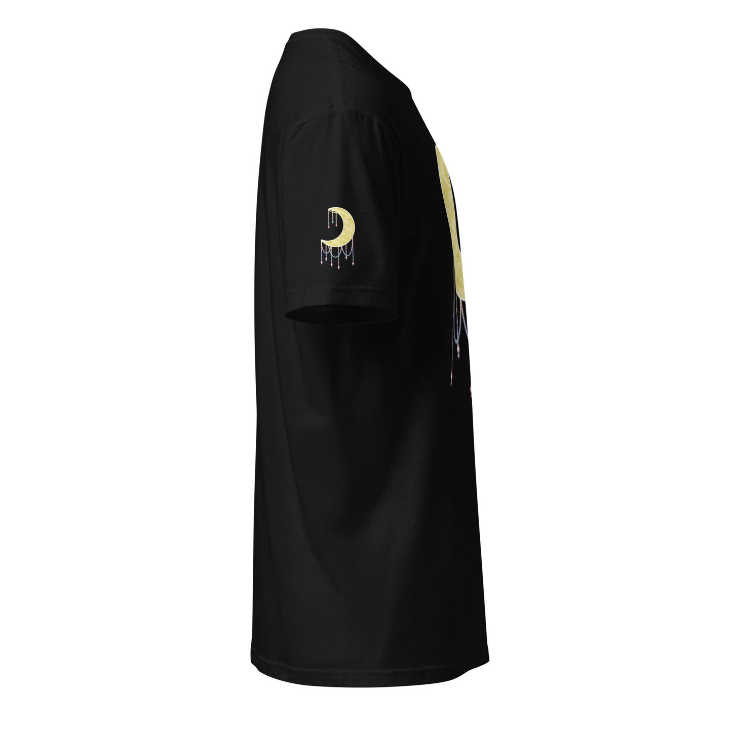 A black t-shirt viewed from a side profile view, featuring a gold crescent moon graphic with a dripping beads effect on the left sleeve and a matching graphic on the side.