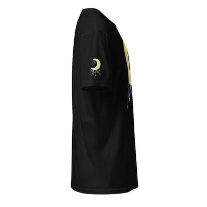 A black t-shirt viewed from a side profile view, featuring a gold crescent moon graphic with a dripping beads effect on the left sleeve and a matching graphic on the side.