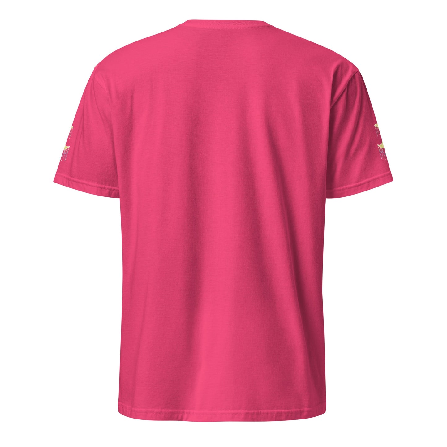 Bright Pink t-shirt with crescent moons on the sleeves against a white background