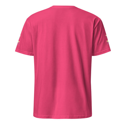Bright Pink t-shirt with crescent moons on the sleeves against a white background