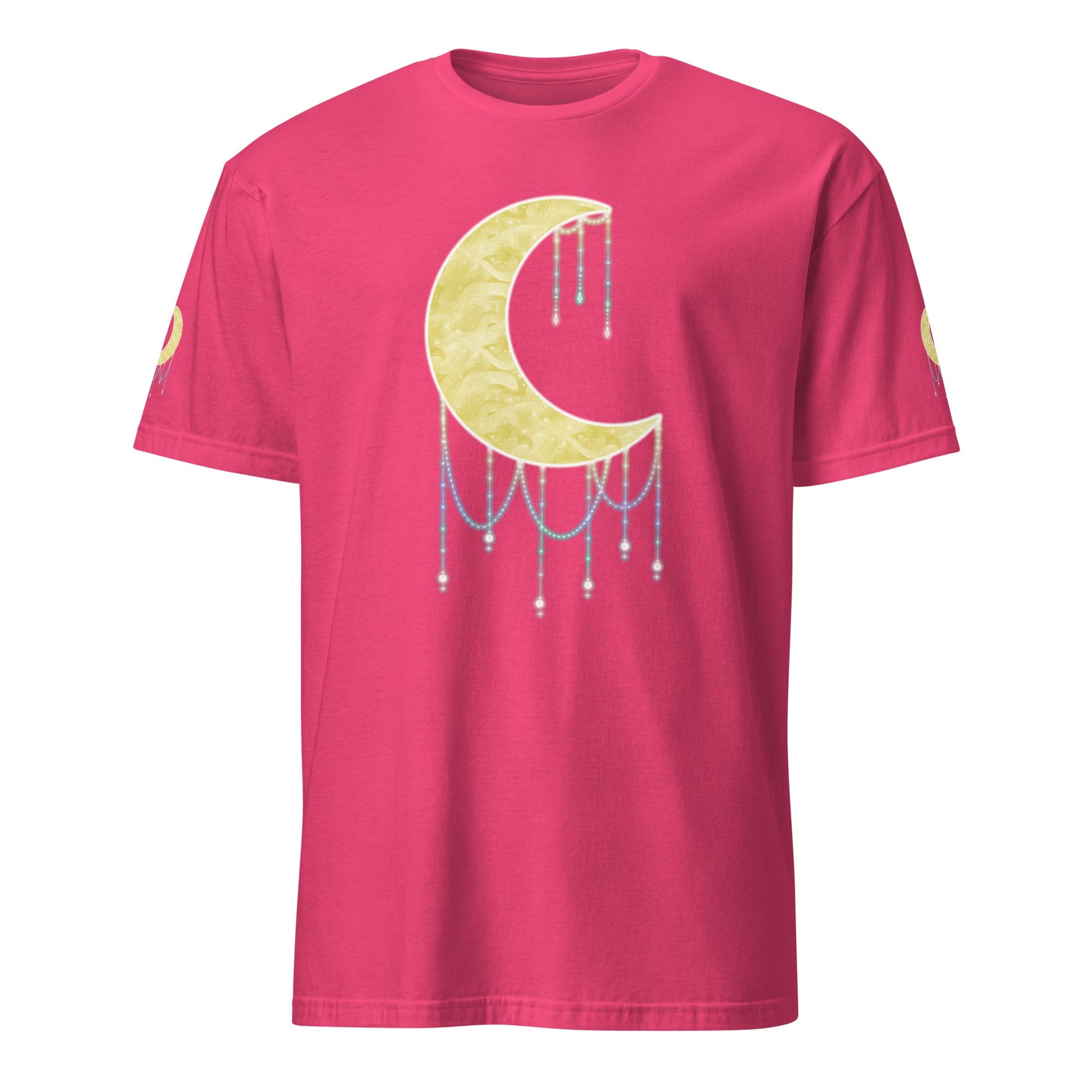 A bright pink short-sleeve t-shirt with a large yellow crescent moon graphic on the chest, decorated with dangling blue and white bead-like details, shown on a plain white background.