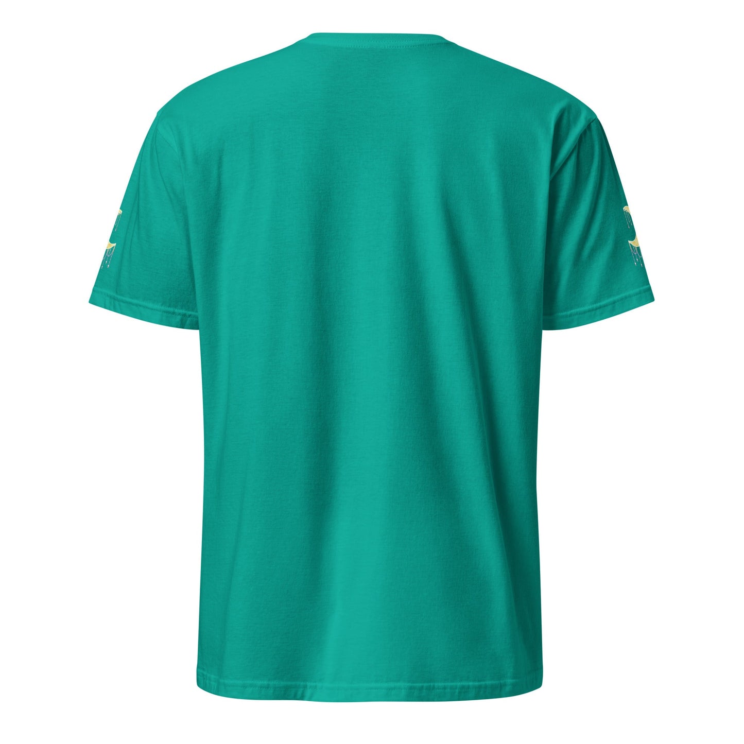 Teal blue t-shirt with crescent moons on the sleeves against a white background