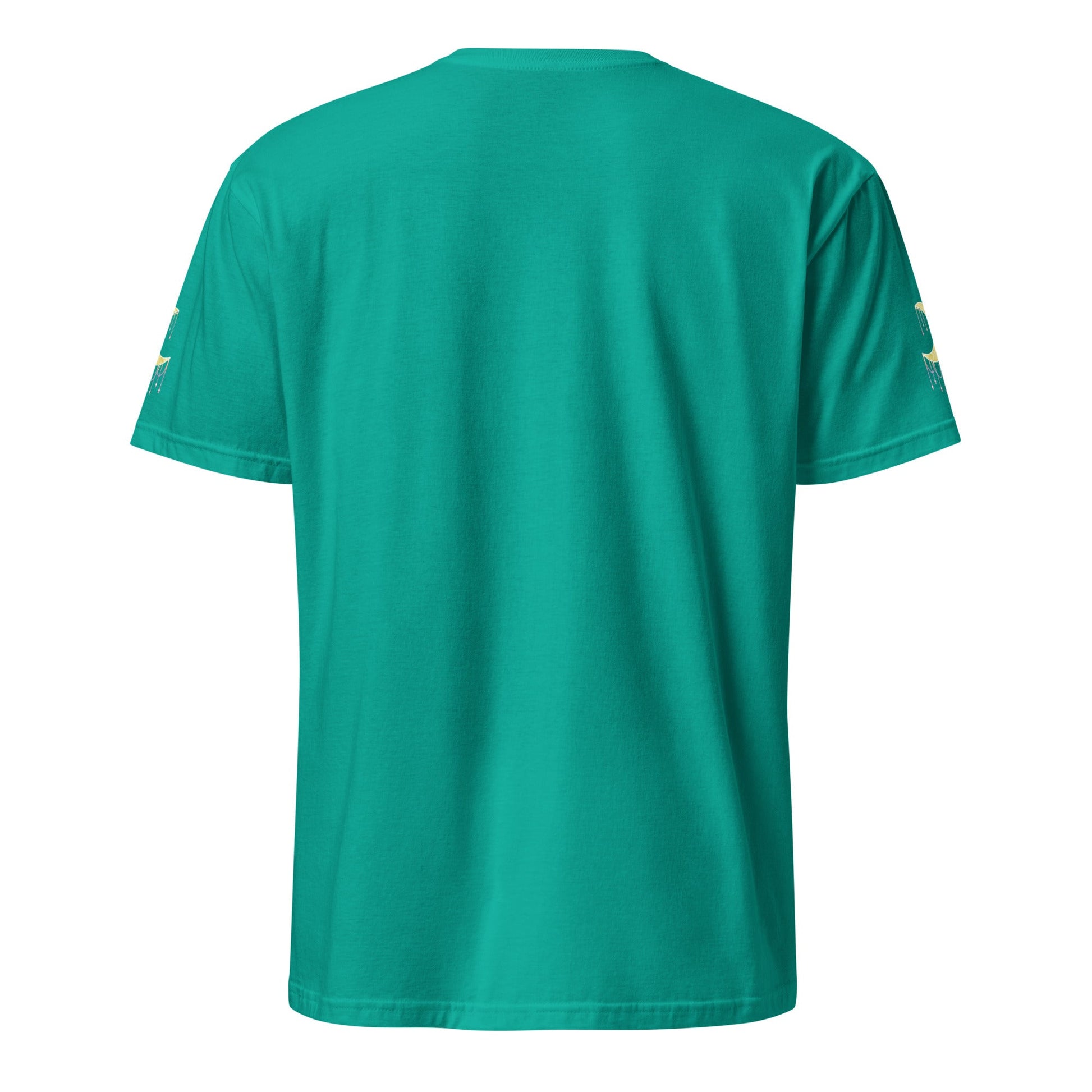 Teal blue t-shirt with crescent moons on the sleeves against a white background
