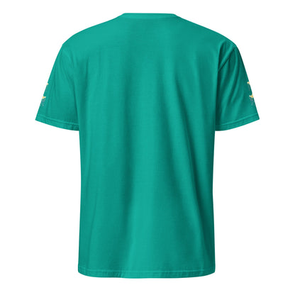 Teal blue t-shirt with crescent moons on the sleeves against a white background