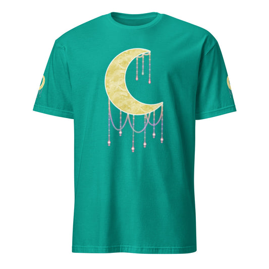 A teal green short-sleeve t-shirt featuring a large gold crescent moon graphic on the chest with pink hanging bead-like details. The t-shirt is displayed flat against a solid white background.
