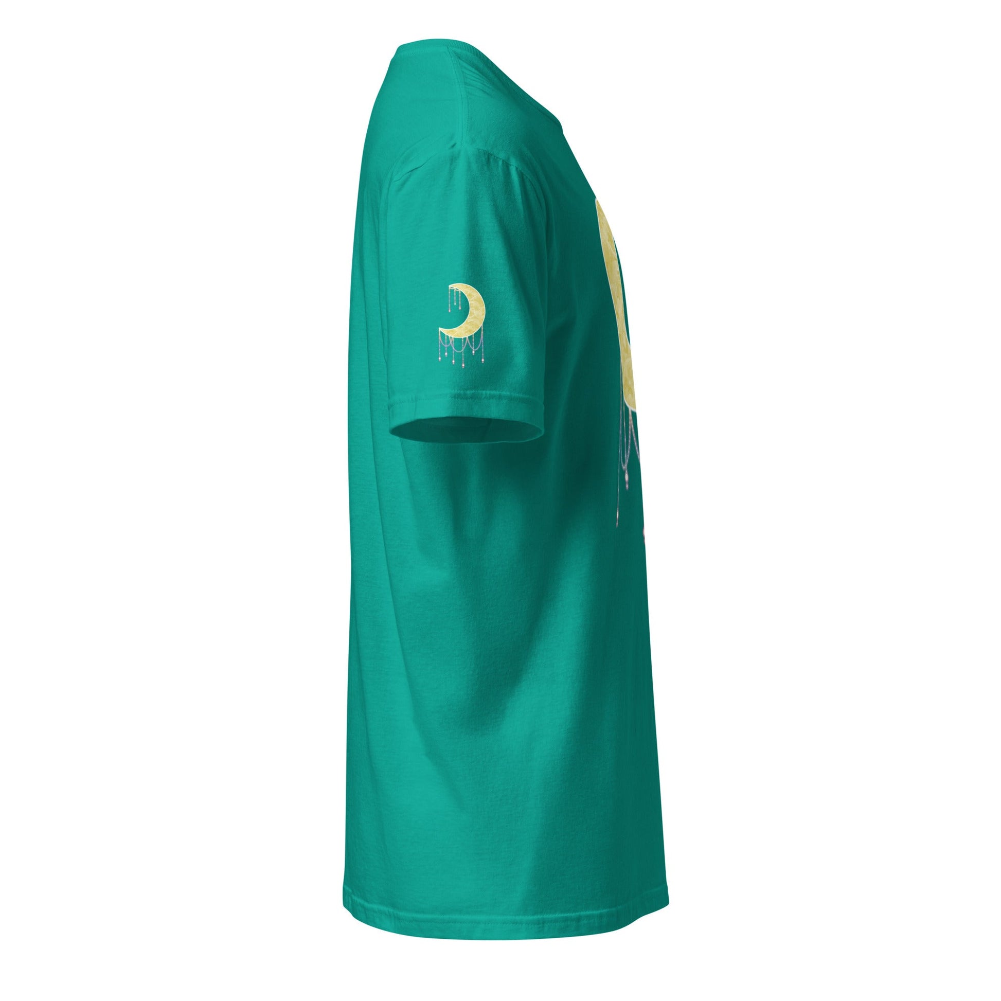 A teal blue t-shirt viewed from a side profile view, featuring a gold crescent moon graphic with a dripping beads effect on the left sleeve and a matching graphic on the side.