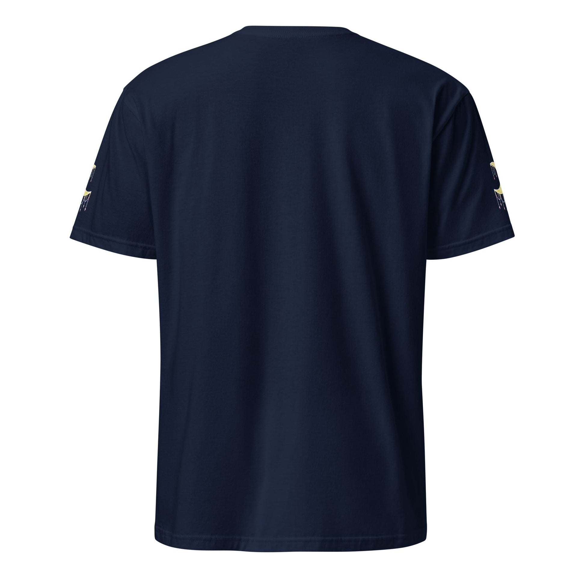 Navy Blue t-shirt with crescent moons on the sleeves against a white background