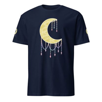 A navy blue short-sleeve t-shirt with a large gold crescent moon graphic on the chest, decorated with dangling pink and white beads, shown on a plain white background.