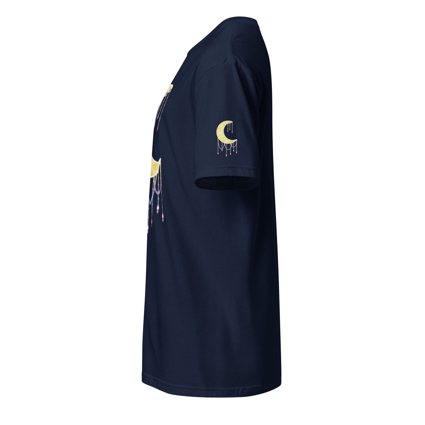 A navy blue short-sleeve t-shirt shown from a side profile view, featuring a yellow crescent moon graphic with a dripping beads effect on the left sleeve and a matching graphic on the side.