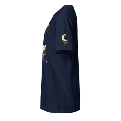 A navy blue short-sleeve t-shirt shown from a side profile view, featuring a yellow crescent moon graphic with a dripping beads effect on the left sleeve and a matching graphic on the side.