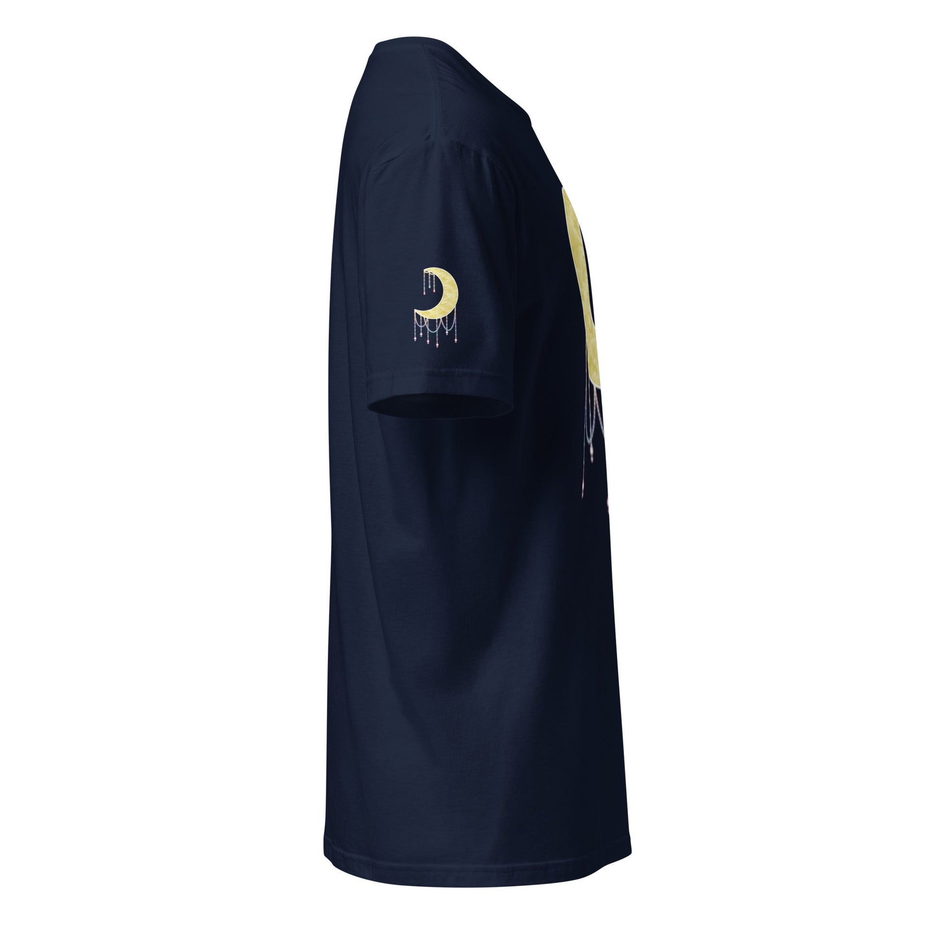 A navy blue t-shirt viewed from a side profile view, featuring a gold crescent moon graphic with a dripping beads effect on the left sleeve and a matching graphic on the side.