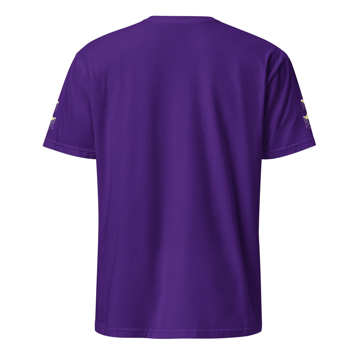 Purple t-shirt with crescent moons on the sleeves against a white background