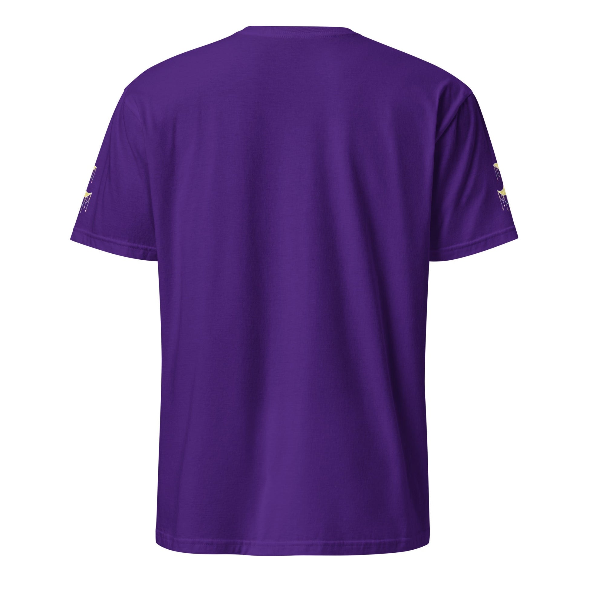 Purple t-shirt with crescent moons on the sleeves against a white background