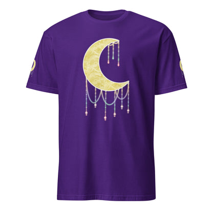 A purple short-sleeve crewneck t-shirt featuring a large gold crescent moon graphic on the chest with dangling bead-like details, and small gold circular graphics on both sleeves, shown against a plain white background.