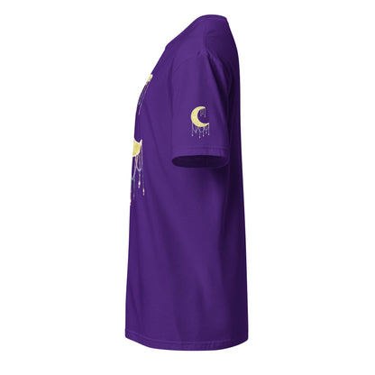A purple short-sleeve t-shirt shown from a side profile view, featuring a gold crescent moon graphic with a dripping beads effect on the left sleeve and a matching graphic on the side.