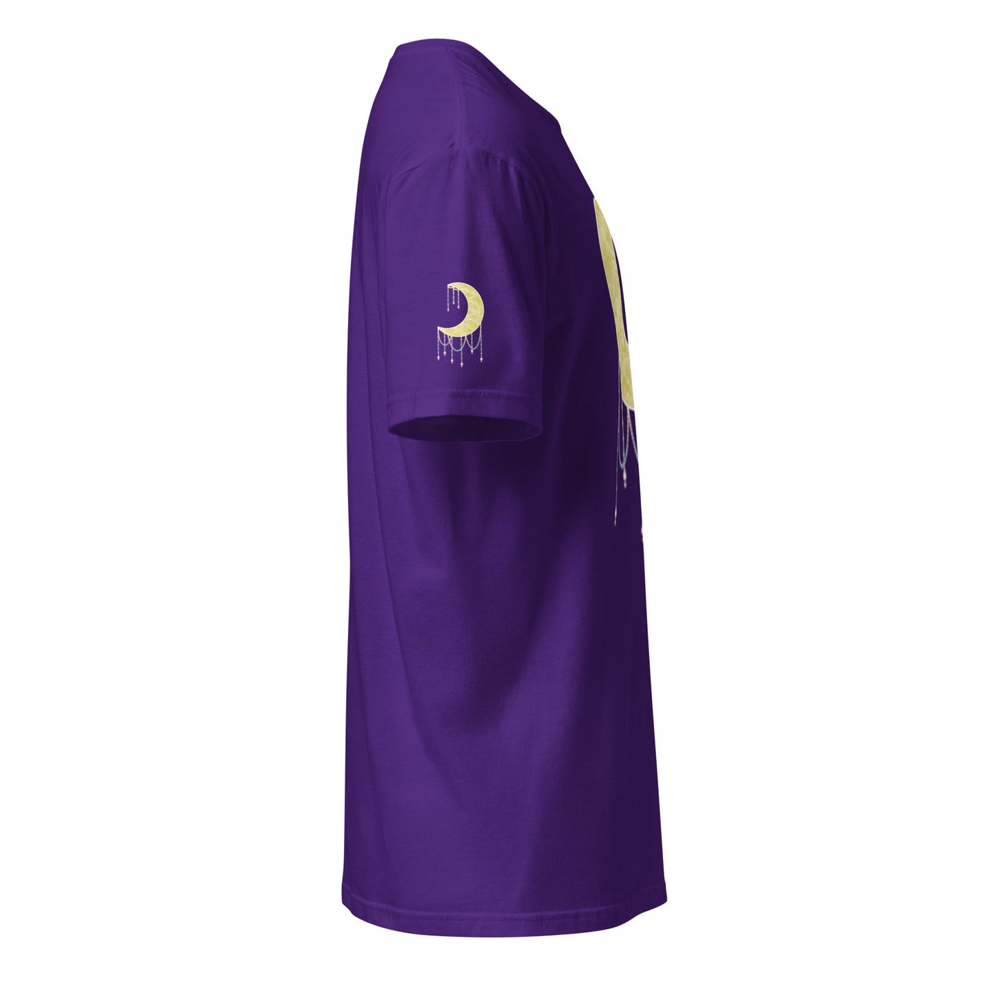 A purple t-shirt viewed from a side profile view, featuring a gold crescent moon graphic with a dripping beads effect on the left sleeve and a matching graphic on the side.
