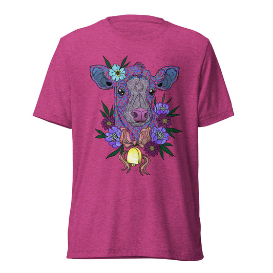 Flora Marie short sleeve t-shirt with original hand-drawn floral cow art by Brittyliz, shown as a ghost mockup