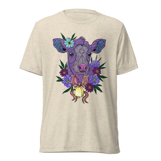 Flora Marie short sleeve t-shirt with original hand-drawn floral cow art by Brittyliz, shown as a ghost mockup