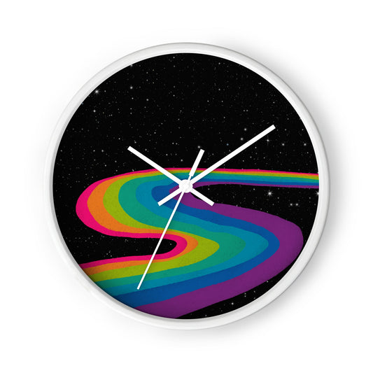 Front facing image of the cosmic rainbow drift wall clock. Featuring a black background with small stars scattered throughout and a felt-looking neon rainbow in a curve projecting from the right side from a distance to the foreground on the left.